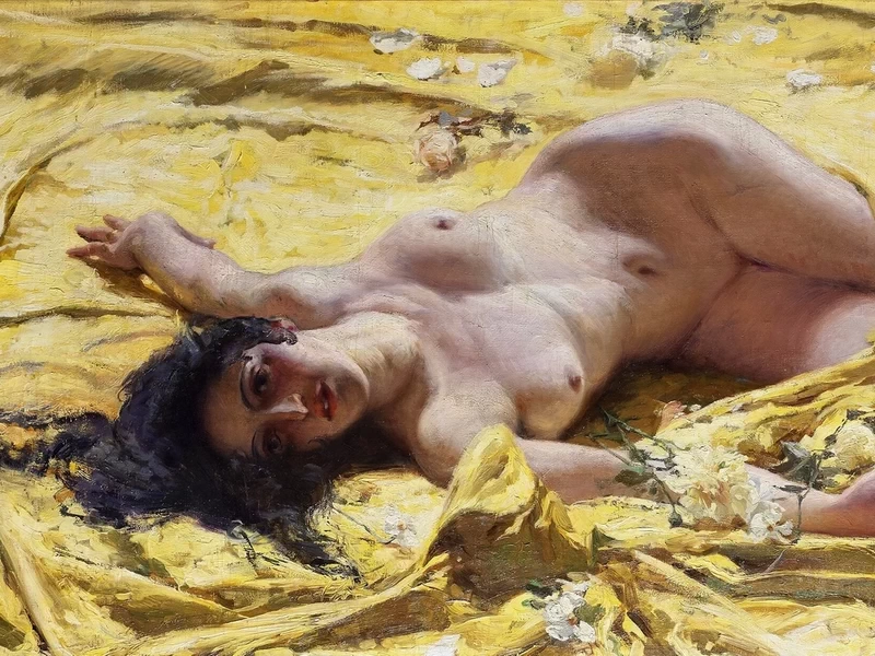 1869-Antonio Rizzi - Donna nuda su lenzuola gialle